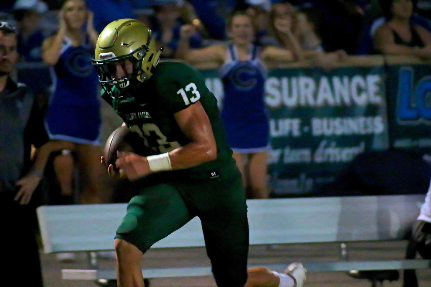 Staff photos by Randy Lefko
Fleming Island High senior linebacker and utility player Jackson Bull returns after he scored a critical touchdown to put Fleming Island up 14-7.