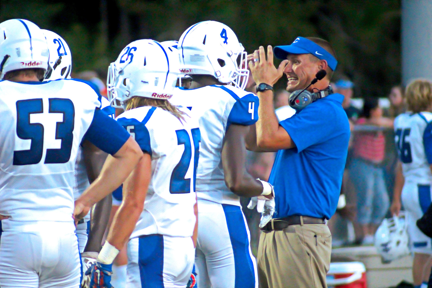 Clay High coach Joshua Hoekstra was frustrated throughout the game with a series of dropped passes and fumbles that stalled Blue Devil scoring efforts.